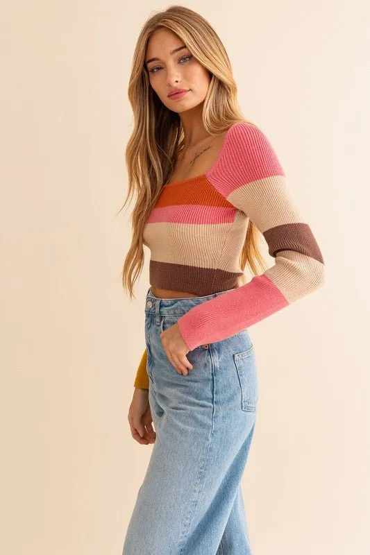 Long Sleeve Color Block Knit Top - Rust Pink Mix