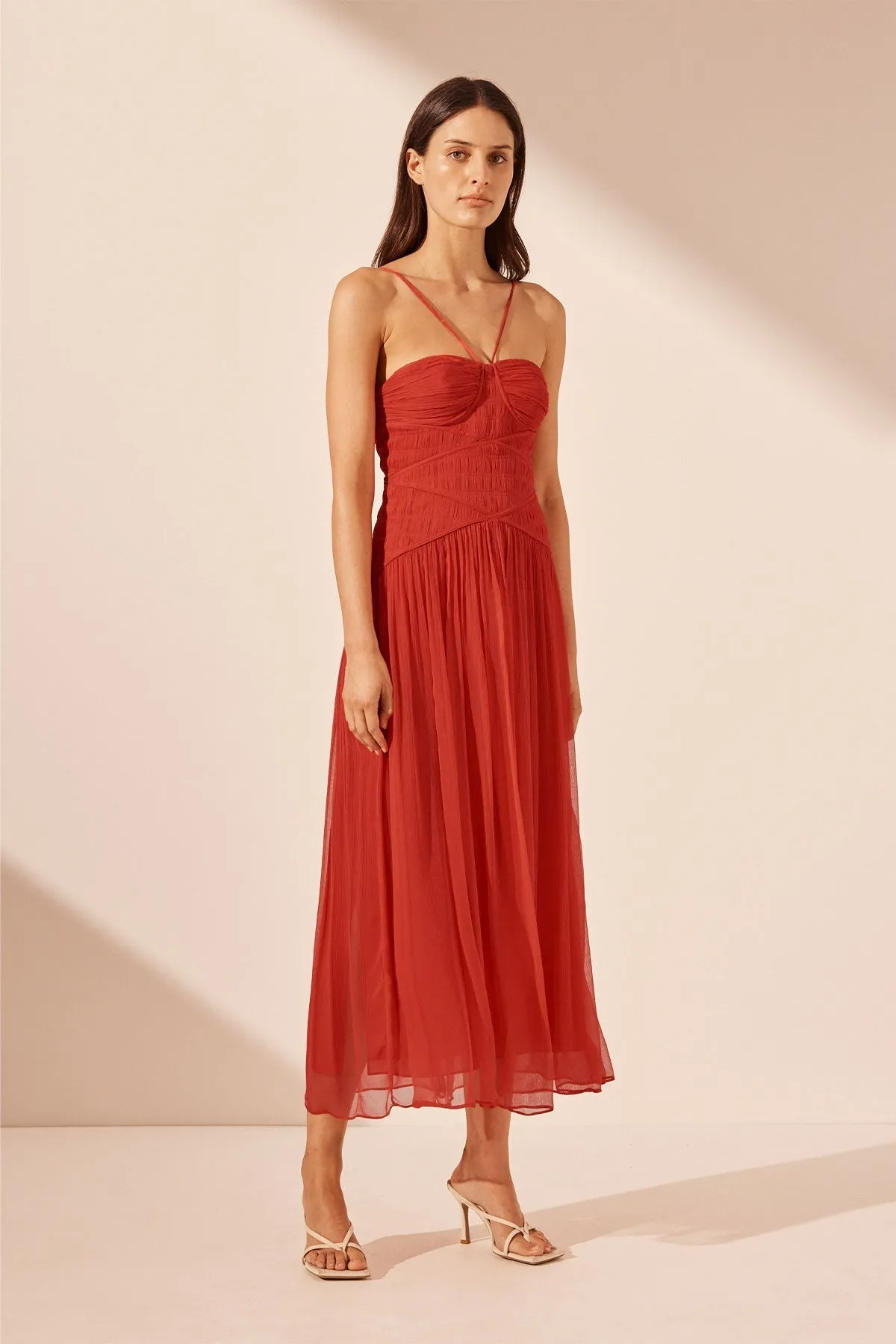 MARGOT RUCHED BODICE MIDI DRESS - SAILOR RED