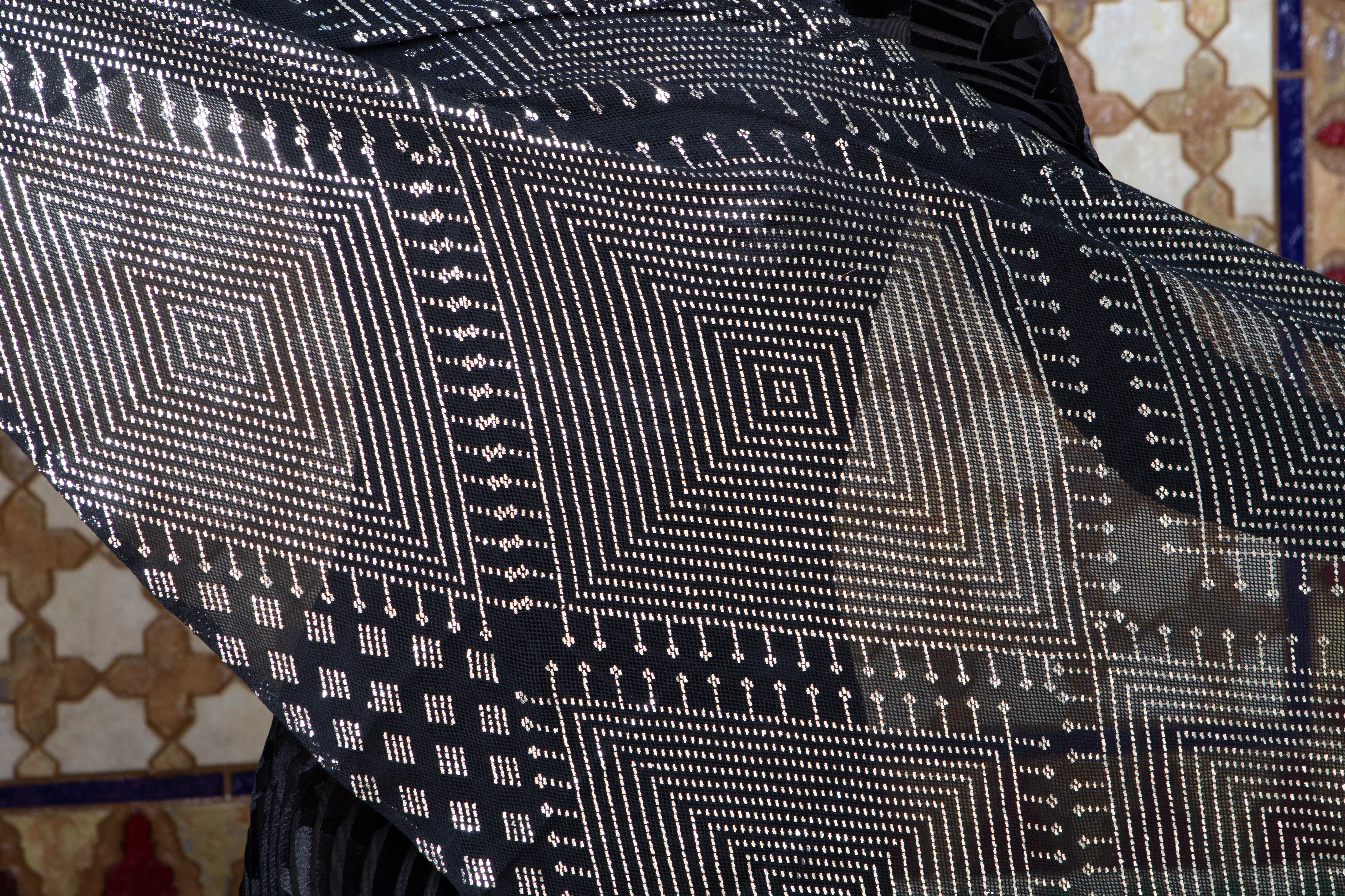 Modern Black and Silver Assuit Shawl with Mixed Diamond Design