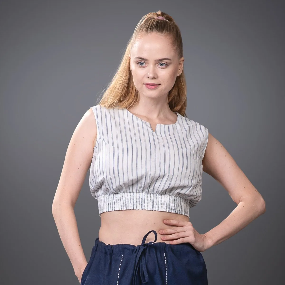 Navy-Stripe Handwoven Cotton Sleeveless Smocked Crop Top | Cotton Top for Women