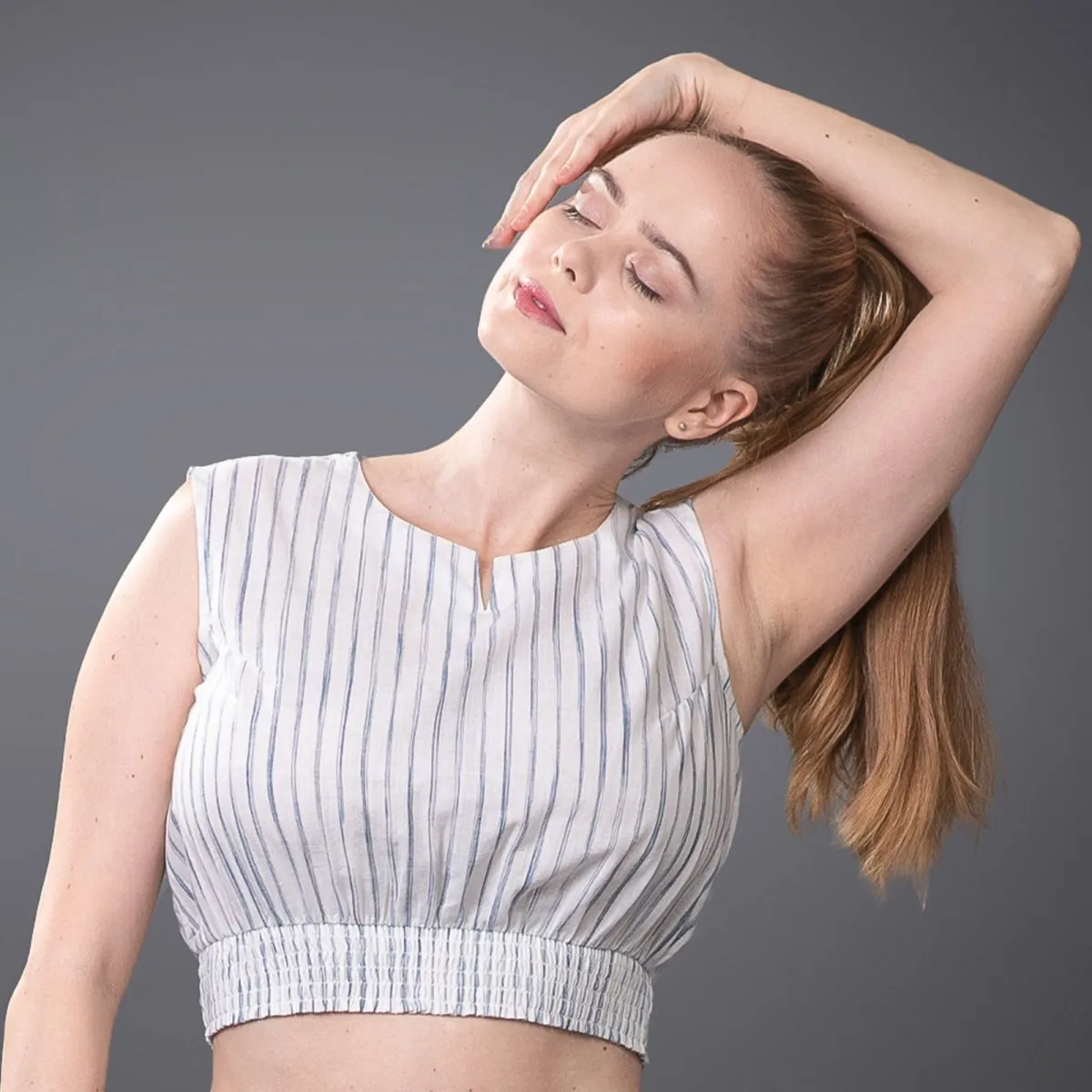 Navy-Stripe Handwoven Cotton Sleeveless Smocked Crop Top | Cotton Top for Women