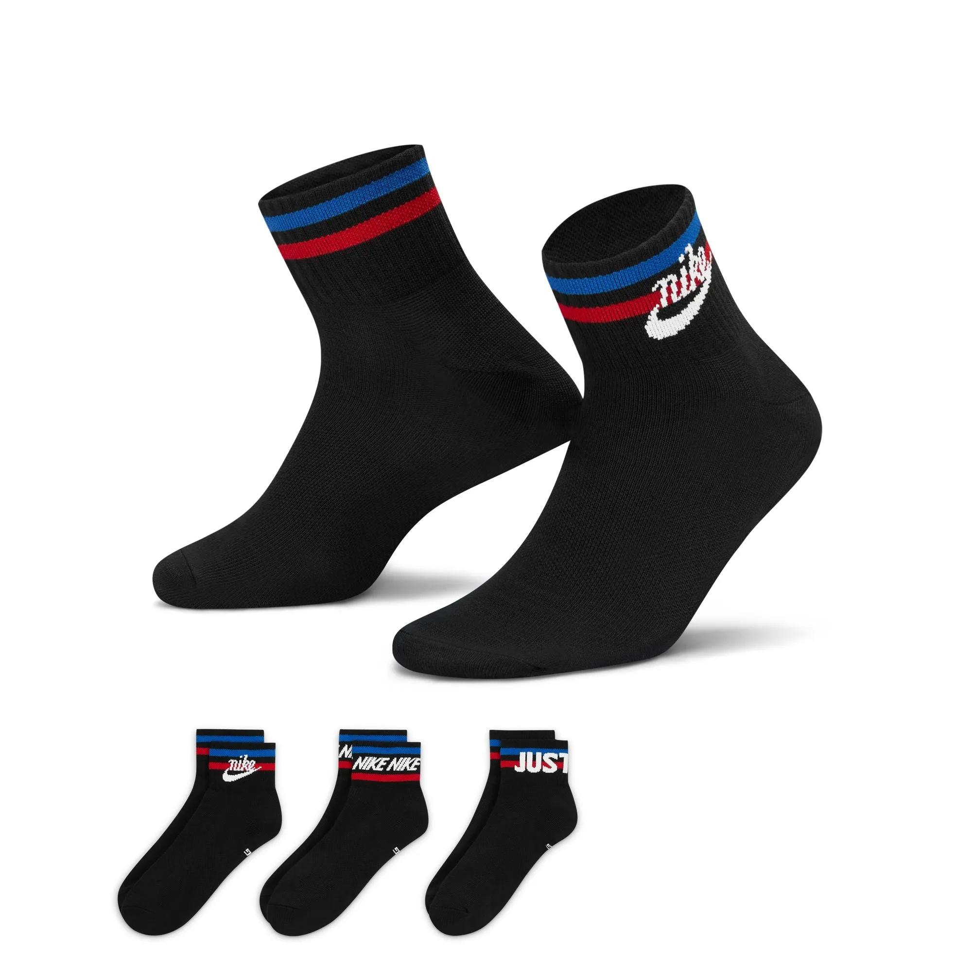 Nike Everyday Essential 3 Pack Ankle Socks - Black/White/Game Royal/University Red