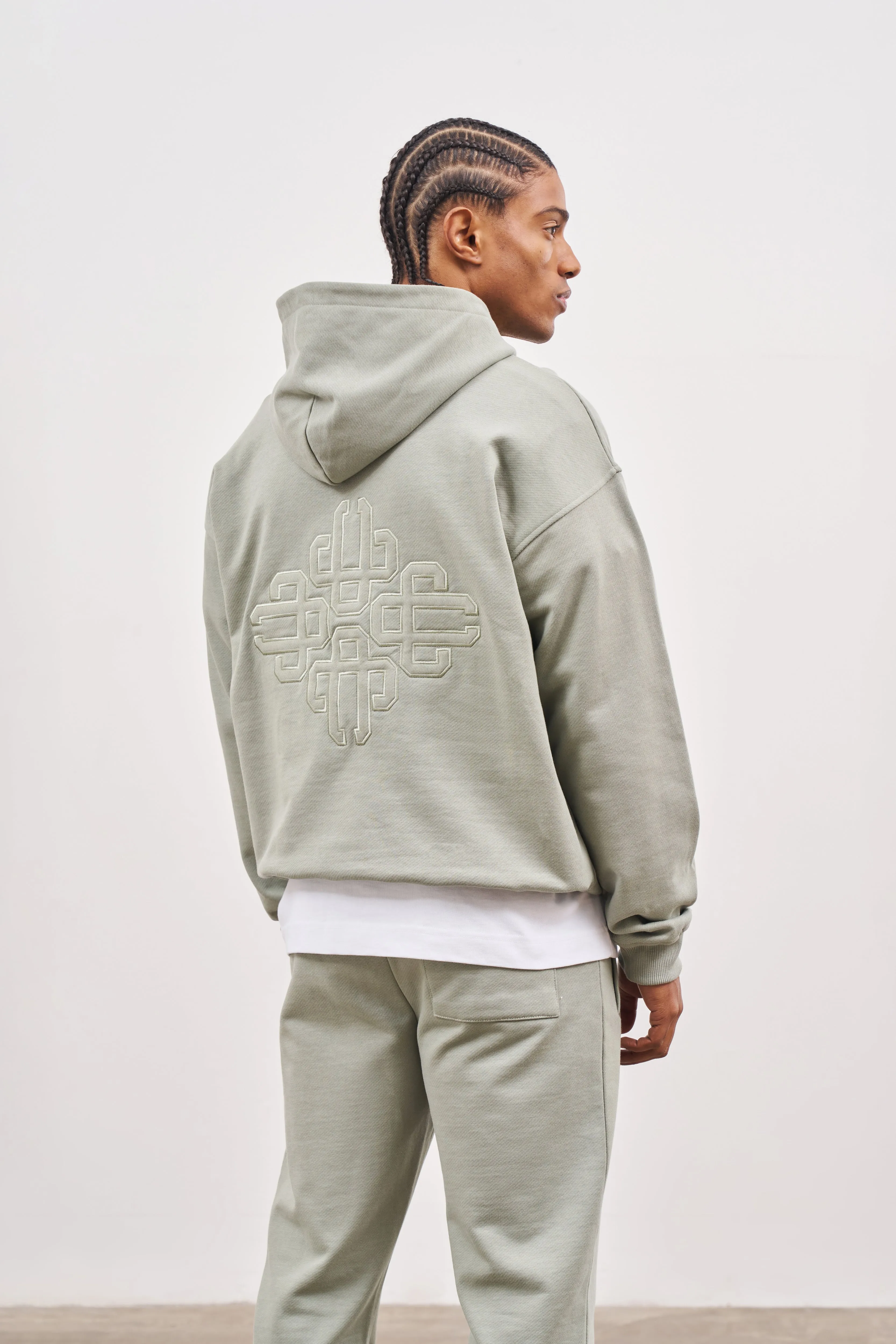 OUTLINE EMBROIDERED EMBLEM HOODIE - KHAKI