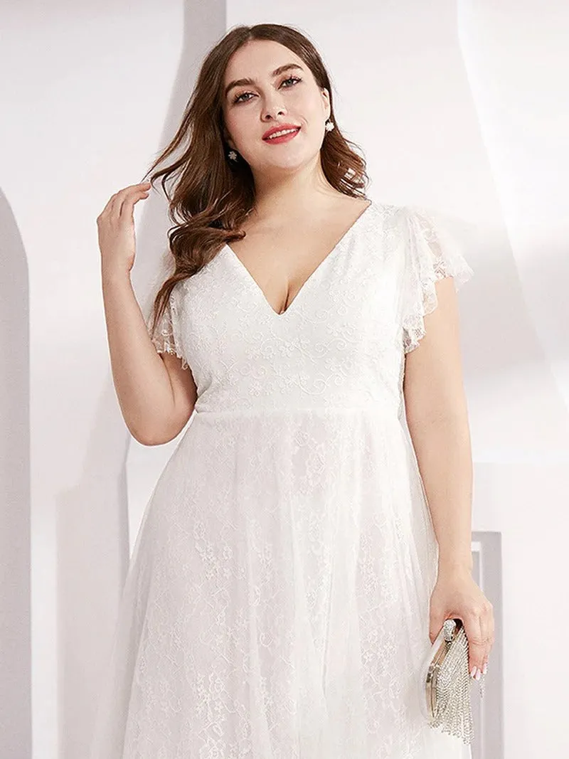 Plus Size Double V Neck Lace Wedding Dresses with Ruffle Sleeves