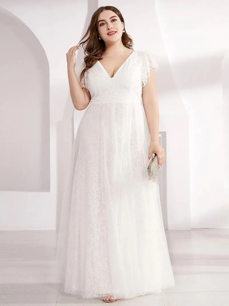 Plus Size Double V Neck Lace Wedding Dresses with Ruffle Sleeves