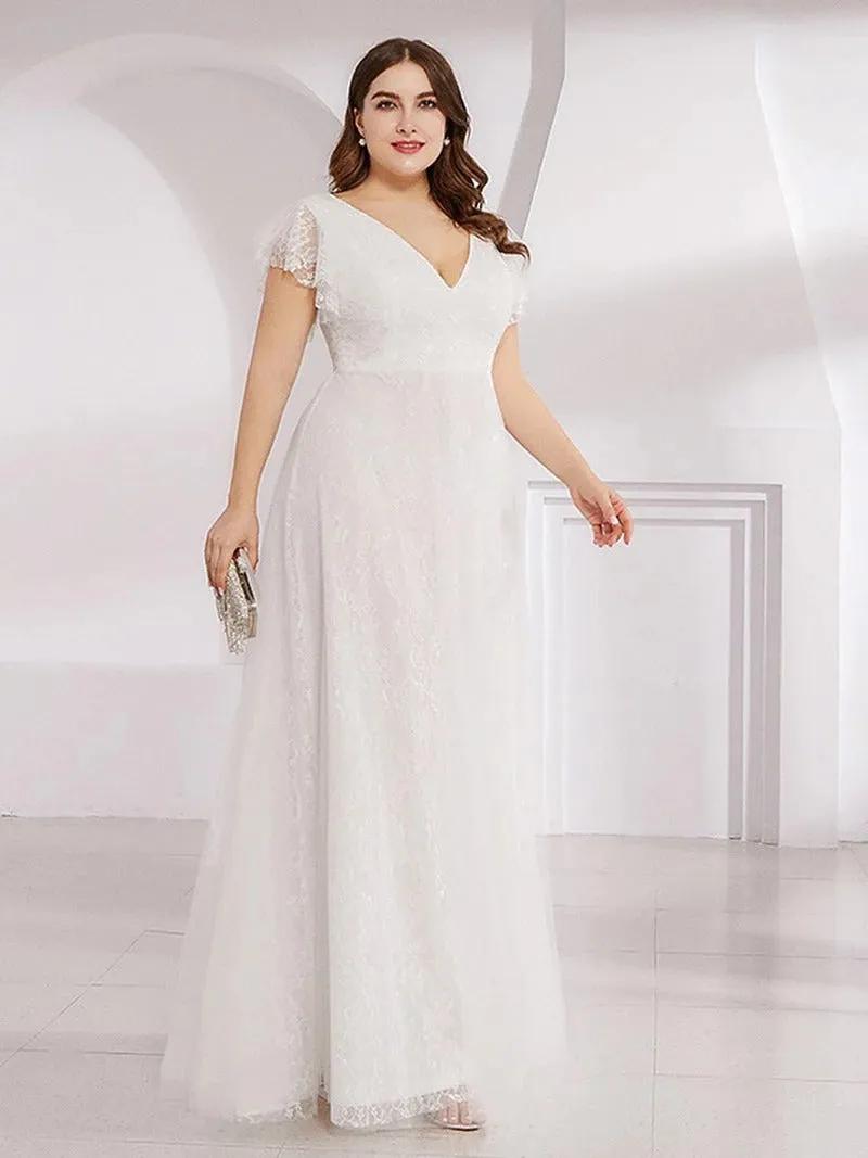 Plus Size Double V Neck Lace Wedding Dresses with Ruffle Sleeves