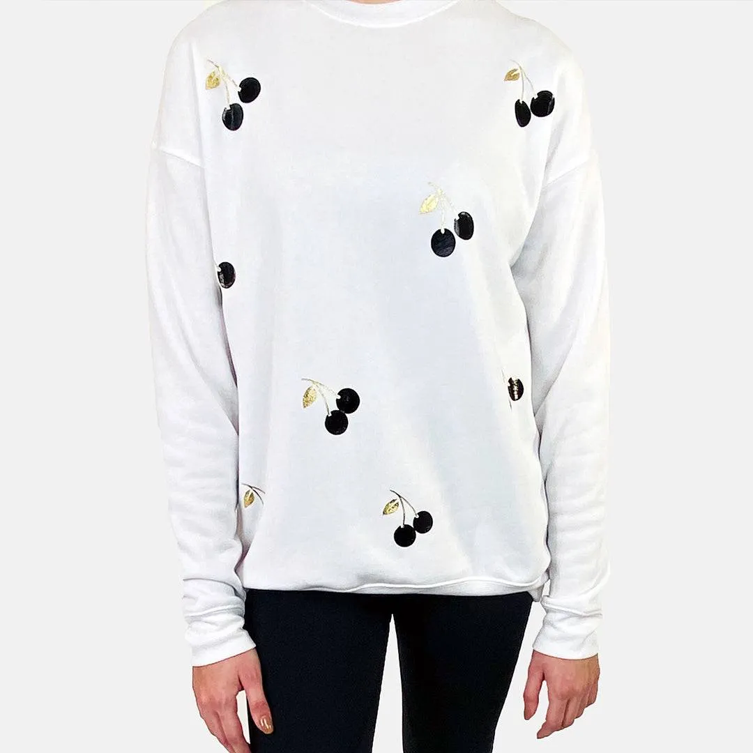 Poppy Ultra Chic White Sweatshirt - Glossy Black & Gold Cherries