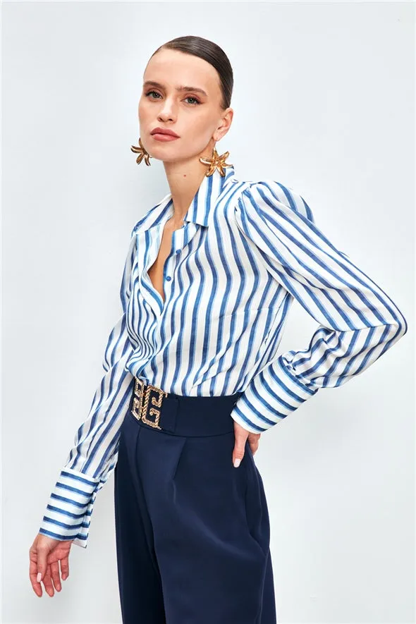 Striped Padding Detailed Shirt - Blue