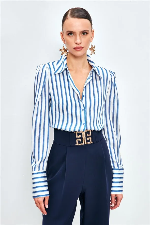 Striped Padding Detailed Shirt - Blue