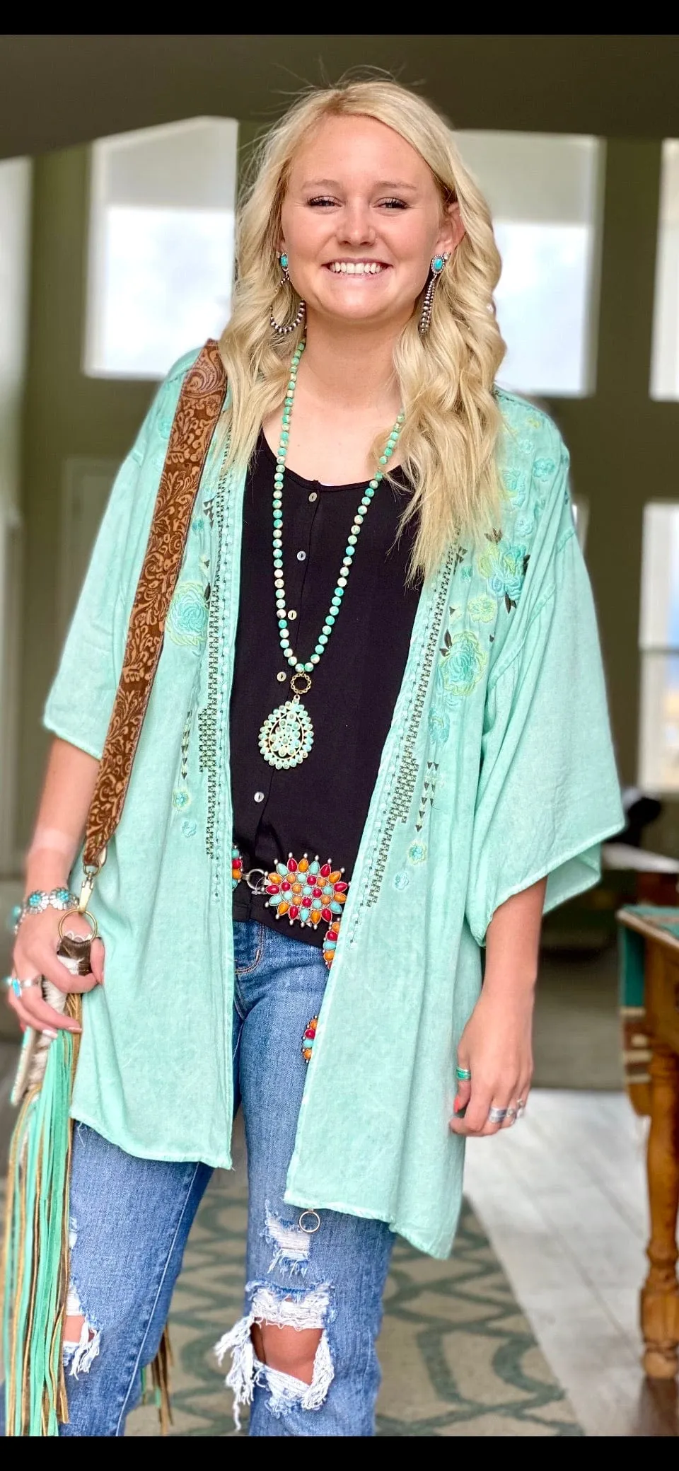 The Macy Mint Embroidered Kimono