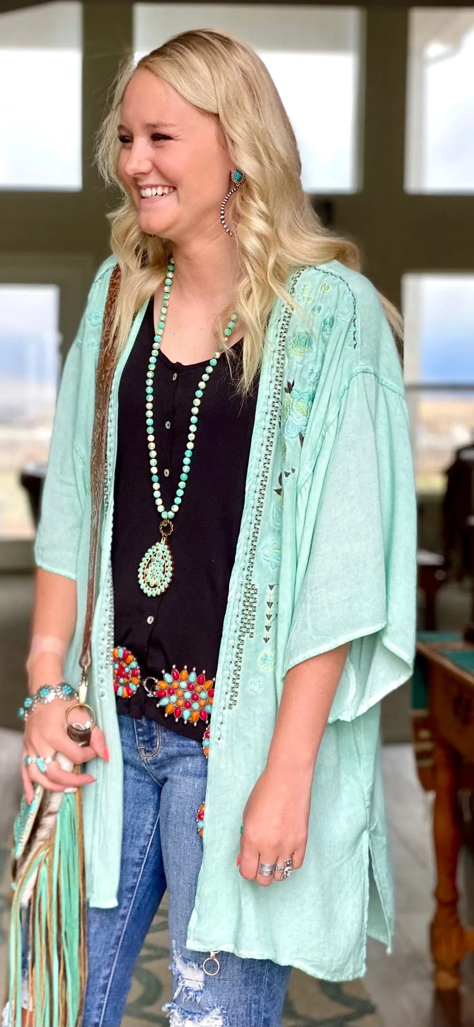 The Macy Mint Embroidered Kimono