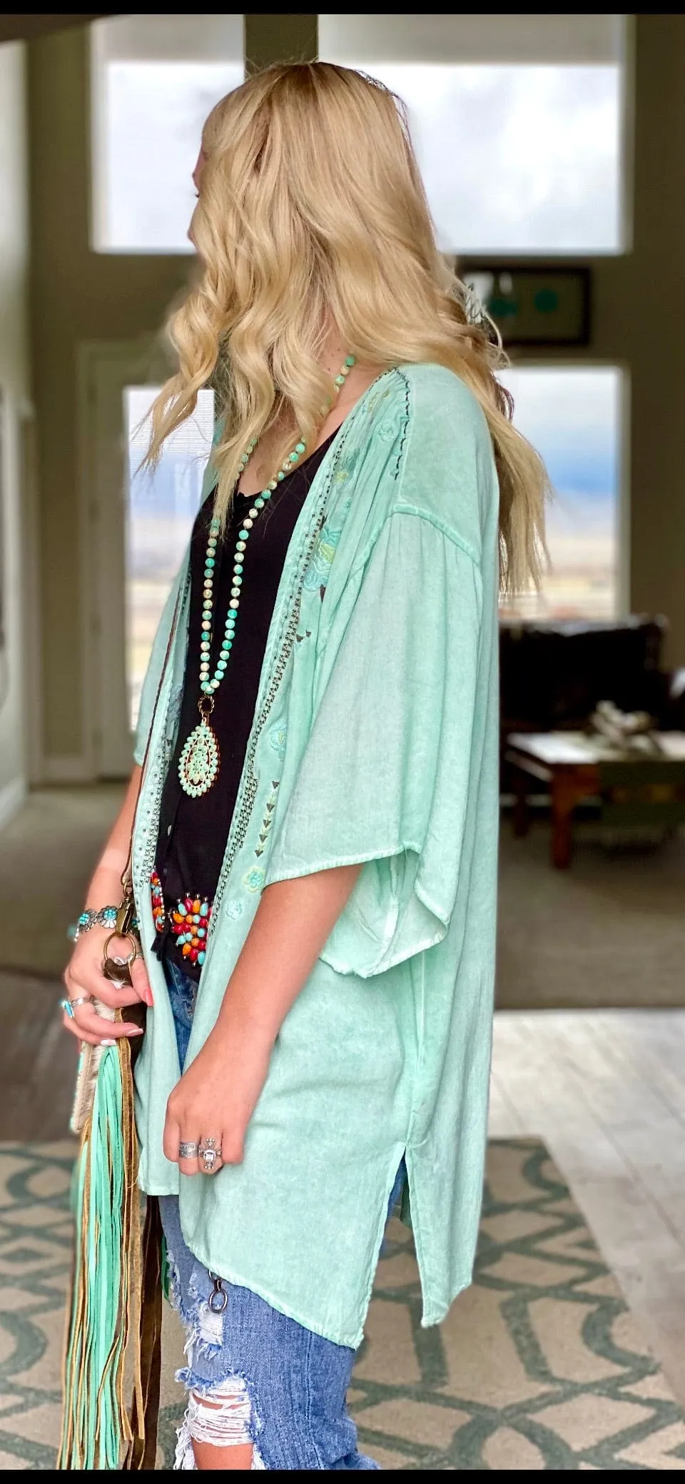 The Macy Mint Embroidered Kimono