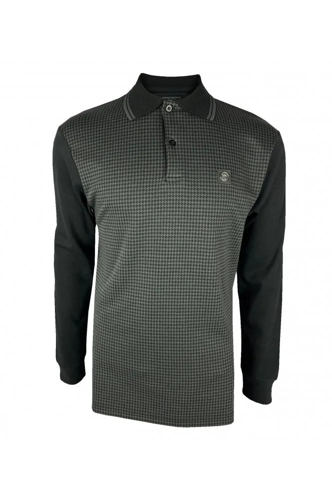 Trojan Records Men's TR8935 LS Houndstooth Panel Polo Shirt Black