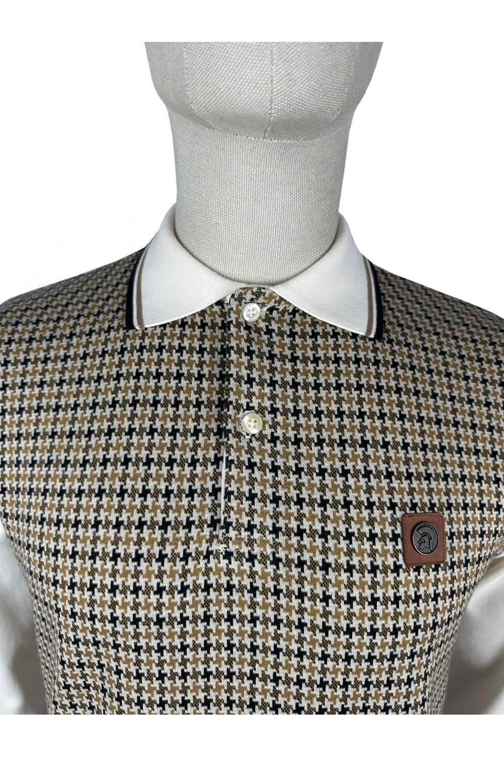 Trojan Records Men's TR8935 LS Houndstooth Panel Polo Shirt Ecru