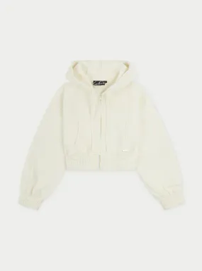 WAFFLE CROPPED ZIP THROUGH CROPPED HOODIE - CREAM