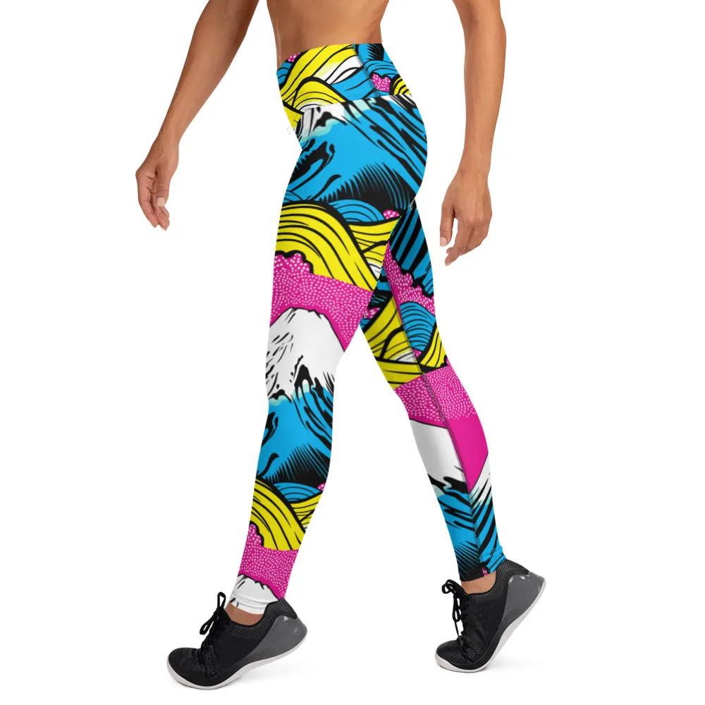 Women's Pop Art Yoga Pants - Roy Lichtenstein Inspired Mt Fuji Print 001